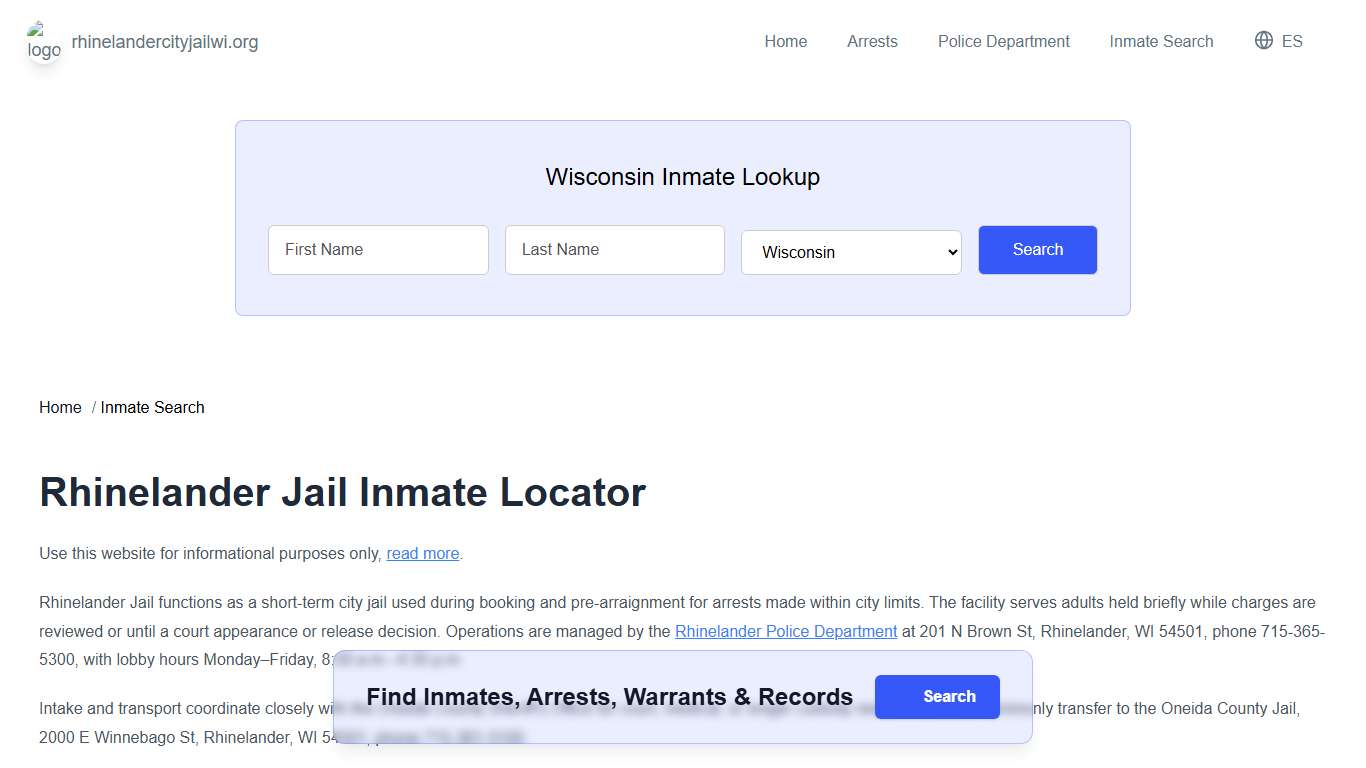 Rhinelander, WI Municipal Jail Inmate Search